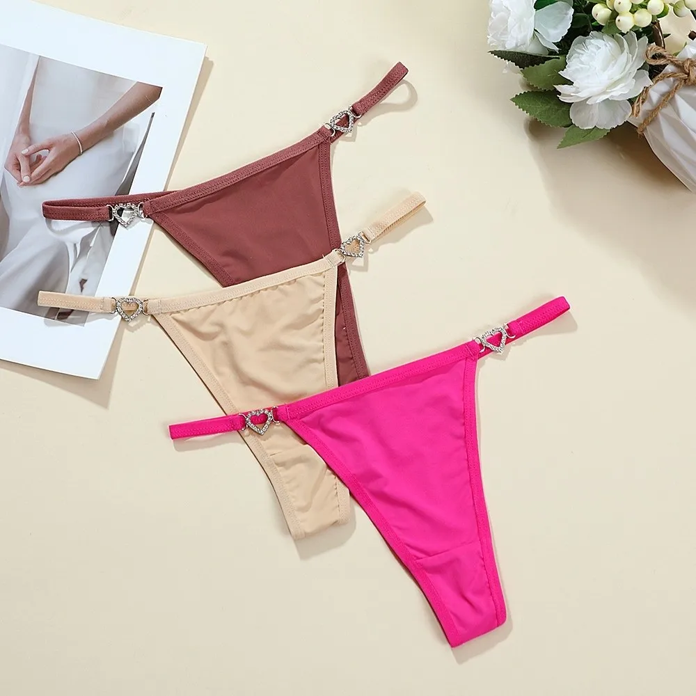 Baumwoll-Slips mit Herz-Strasssteinen, niedriger Bund, einfarbige Bikini-Slips, nahtlose Unterhosen, T-Back-Slips, Damenunterwäsche – Detail 11