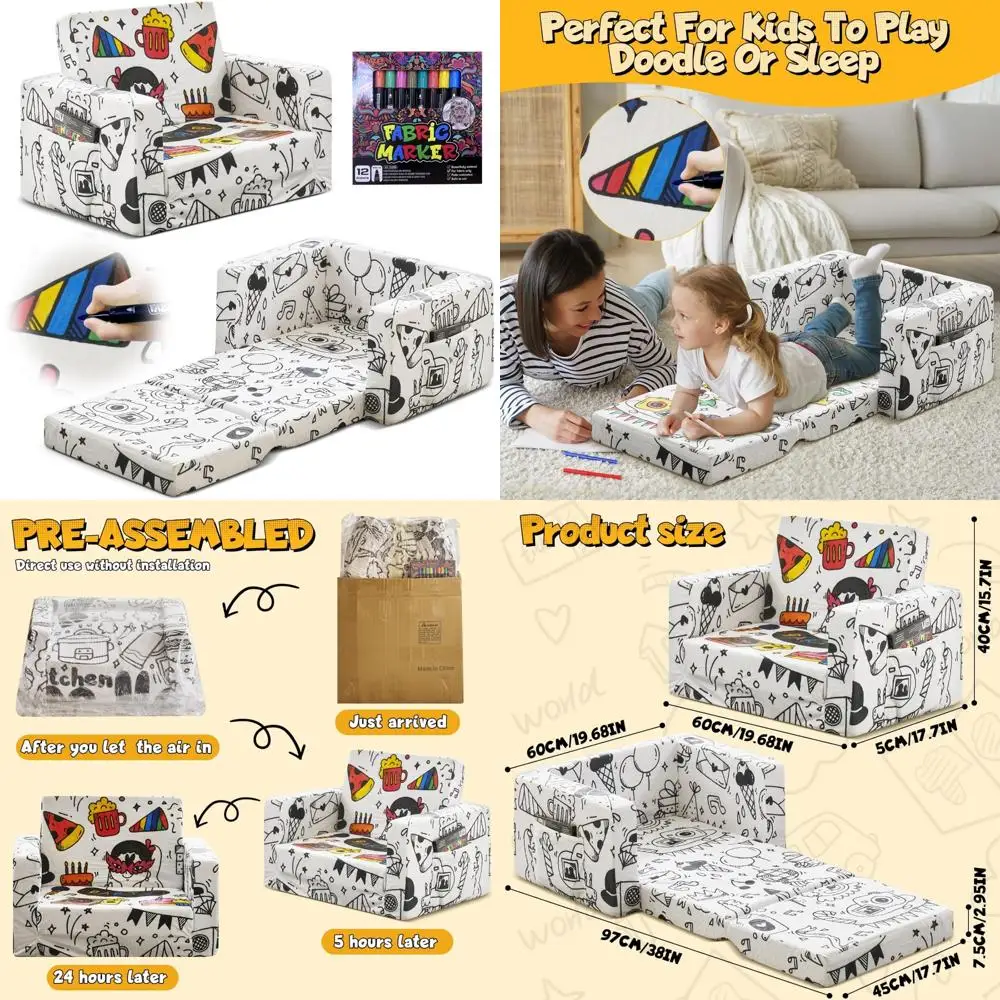 

Toddler Sofa with Foldable Design and Random Doodle Pattern - Kids' Comfortable Couch for Playtime and Rest
