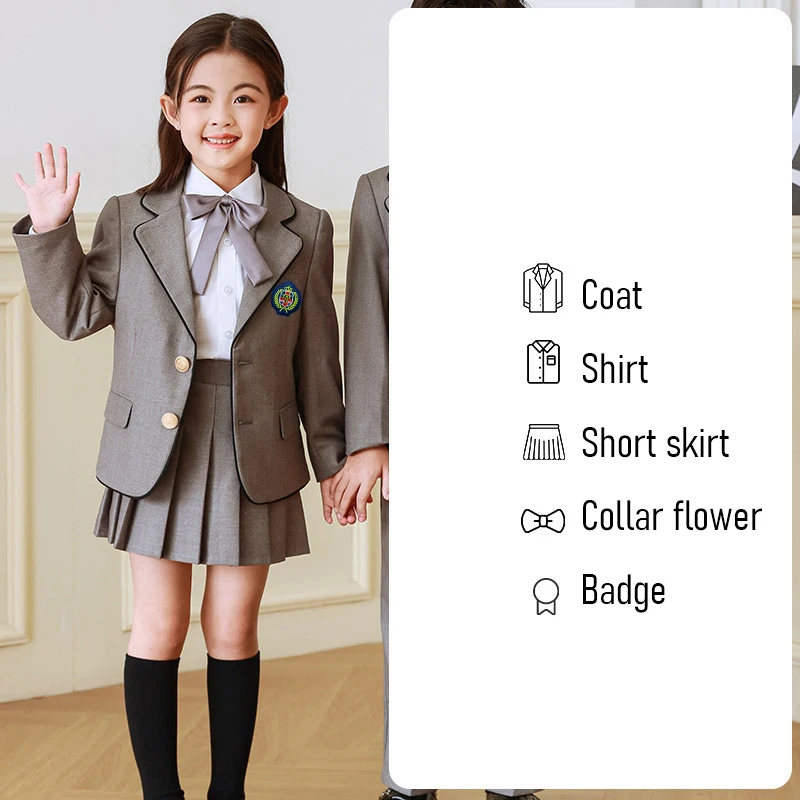 1セット 子供用スクールユニフォームスーツ イギリス風プレッピースタイル 幼稚園 スクールジャケット シャツ スカート ショートパンツ 蝶ネクタイ イブニングドレス
