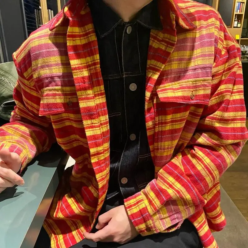 

Waed Plaid Flannel irt Red Yellow Stripes ex Korean Trendy Outerwear Long Sve arp Collar Loose Fit Four Seasons