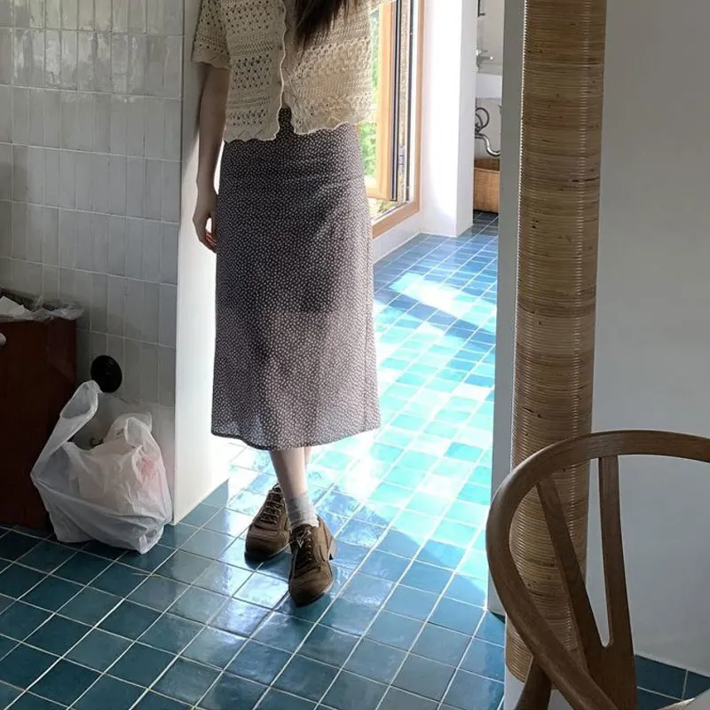 

Vintage Korean Coffee Broken Flowers Skirts Spring Summer Straight Women's Clothing High Waist Fashion Split Aura Midi Skirts