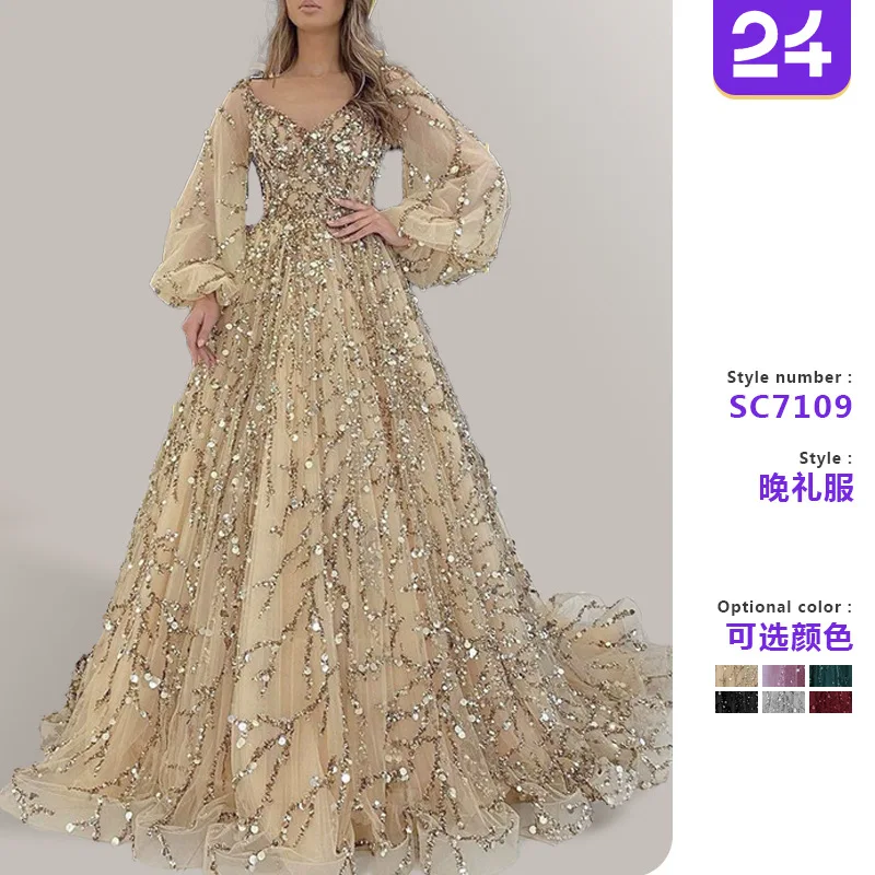 Damenkleider 2026 Neues Goldenes Pailletten-Perlen-Luxus-Abendkleid Sexy Gesellschaftskleid Langes Kleid Damenmode Vestidos