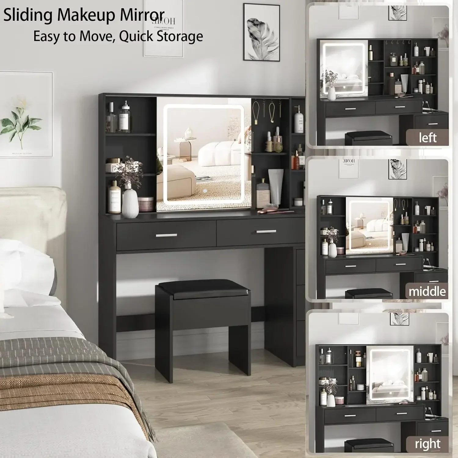 할인된 가격! 슬라이딩 거울이 있는 화장대, 3가지 색상 조명이 있는 화장대, 의자가 있는 화장대 세트