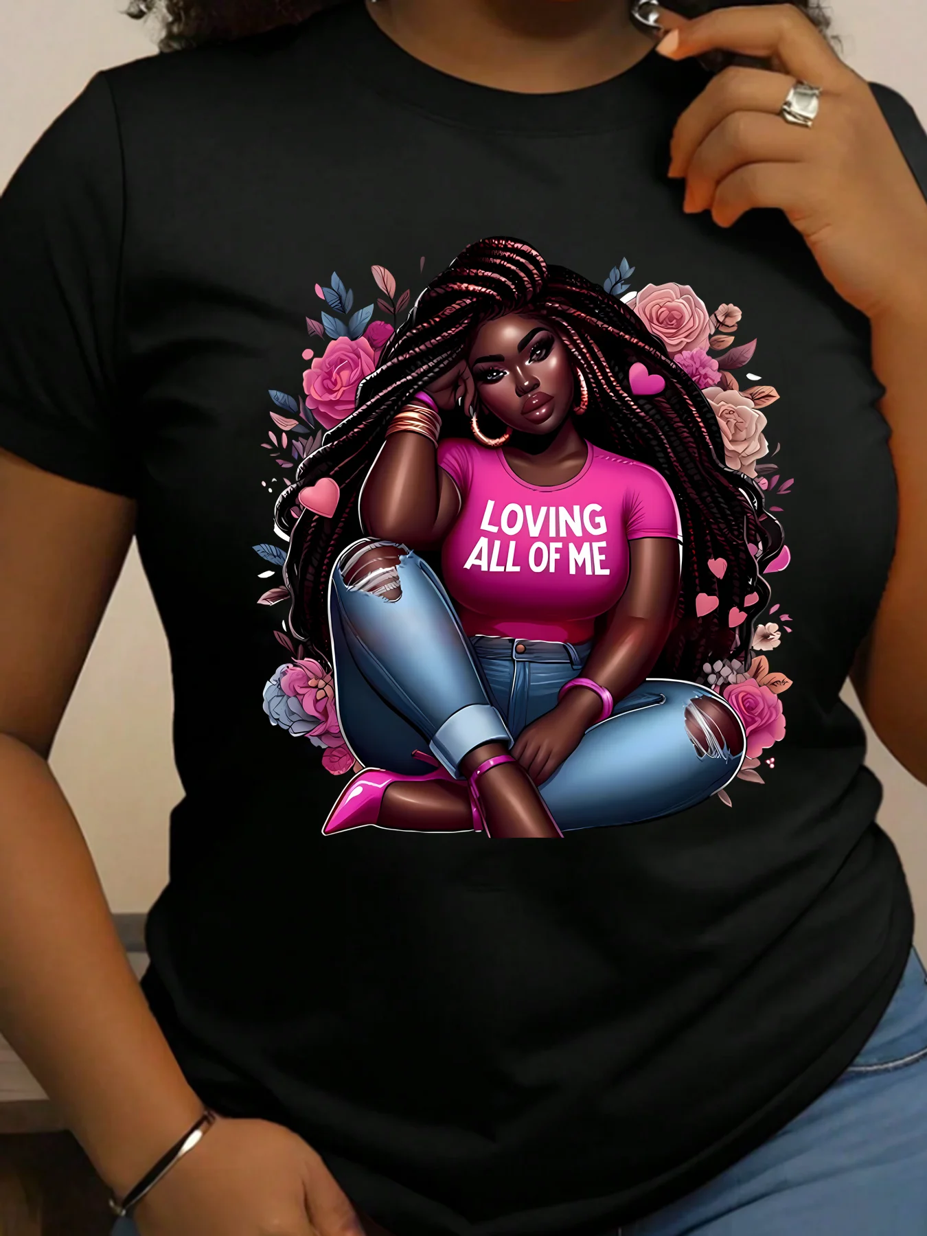 

Flowers and ladies Plus size women's round neck short sleeve T-shirt with elastic half sleeves and trendy prints