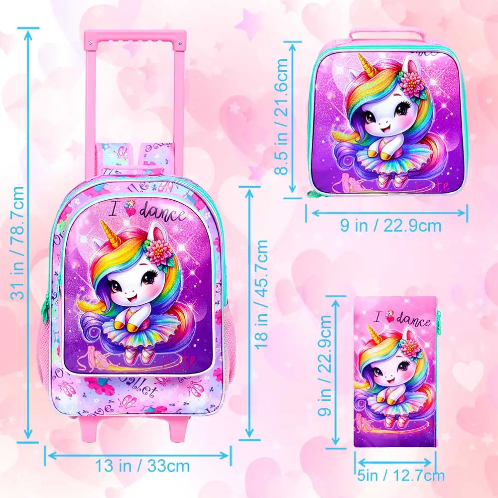 4PCS Unicorn Rolling Backpack for Girls - Cute Wheeled School Set with Lunch Box,Water Resistant Roller School Backpack on Wheel