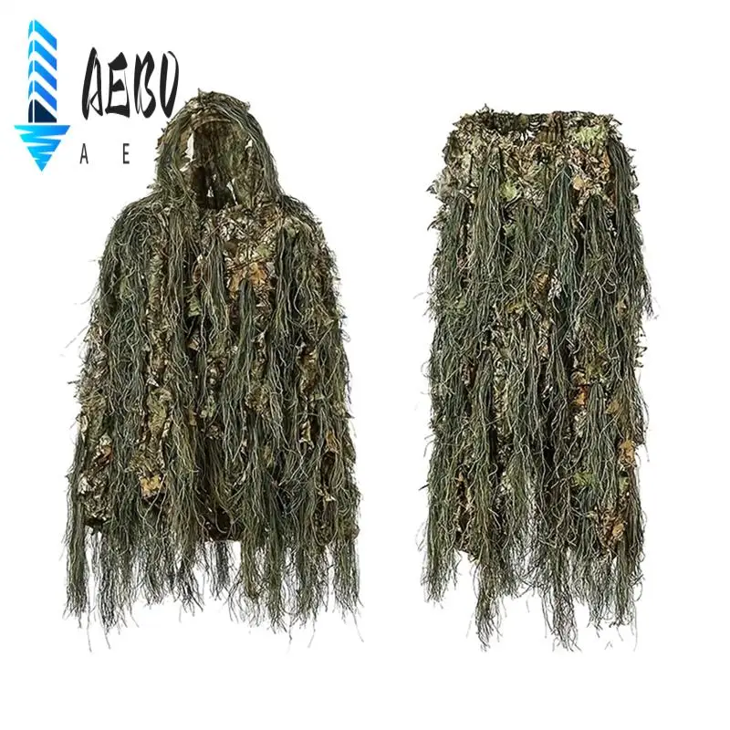 

AEB0-Adult Outdoor Ghillie Suit Hunting Cloth Woodland 3D Bionic Leaf Uniform Camouflage Suits Set Photography Clothes