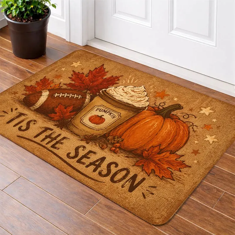 VIKAMA Fall Pumpkin Spice Coffee Football Doormat Non Slip Washable Rug for Front Porch Living Room Autumn Decor