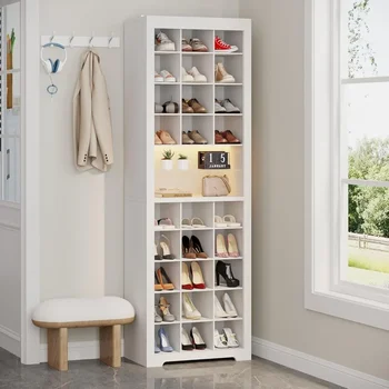 Image 69.3" Shoe Storage Cabinet with 27 Cubbies, 11 Tiers White Shoe Rack with LED Lights, Tall Free Standing with Adjustable Shelf