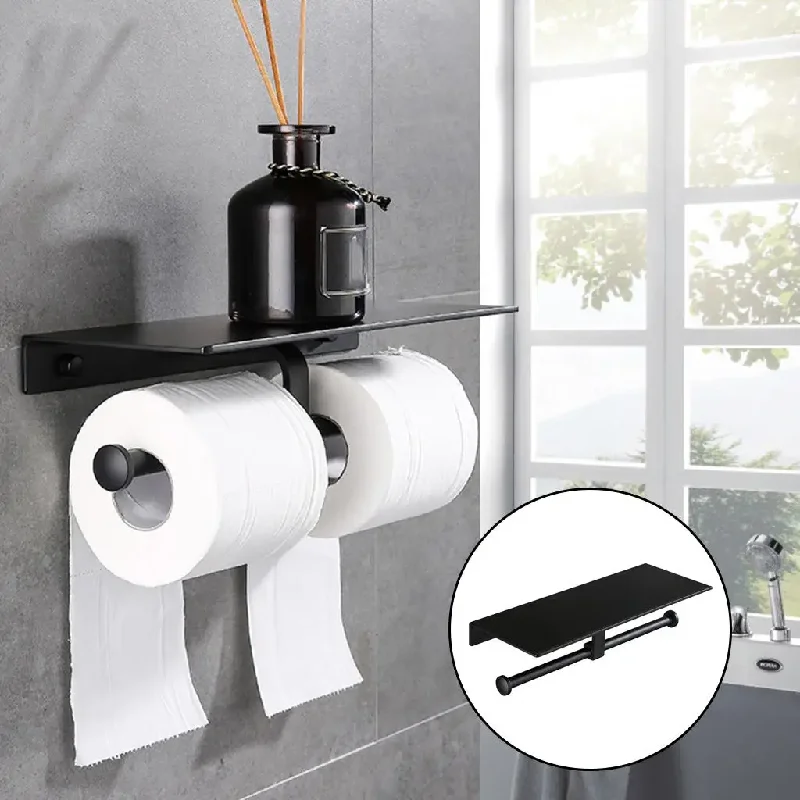 

Wall Mounted Drill Toilet Paper Holder , Aluminum Black Double Roll Tissue Rack with Phone Shelf for Bathroom