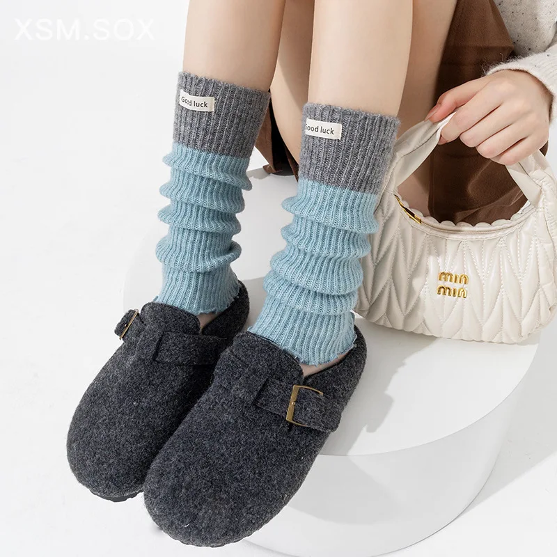 Women's Fall and Winter Wool Sock Covers - Color-matched Knitted Merlot Long Stockings with Thick and Warm Calf Sleeves
