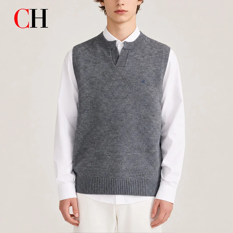 CH Men's Sleeveless Knit Sweater Vest Solid Color Casual Pullover Waistcoat Fall Layering Top view 2
