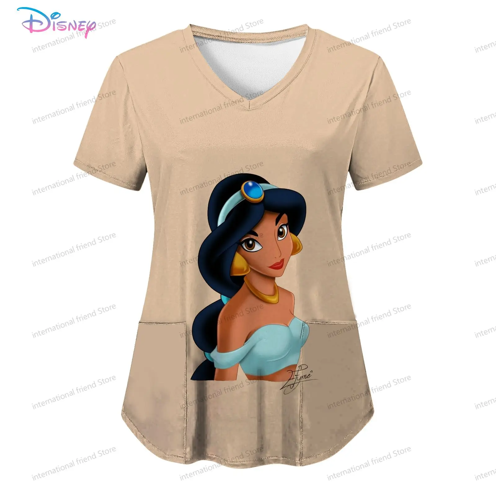 Pocket Disney Princess Women's V Neck Nurse Uniform T-Shirt Youthful Woman Clothes Summer Short Sleeve Y2k New Dress Kawaii 2024