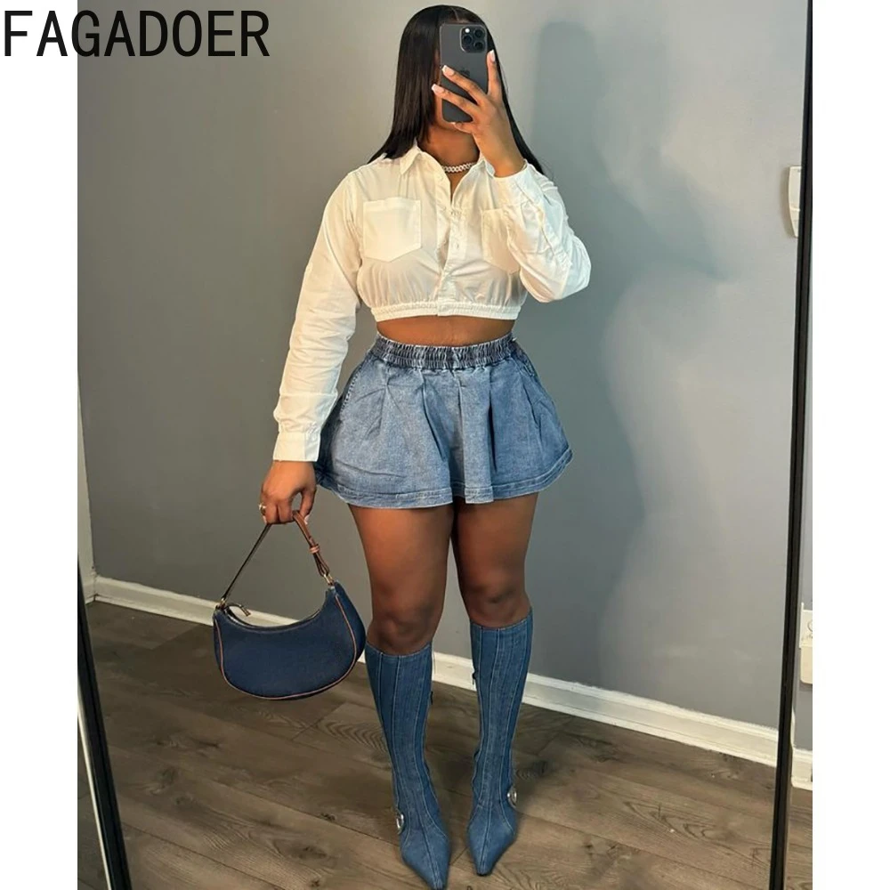 FAGADOER Blue Summer New Denim Pleat Mini Skirts Women Elastic High Waisted Ruched A-line Skirts Fashion Female Cowboy Bottoms