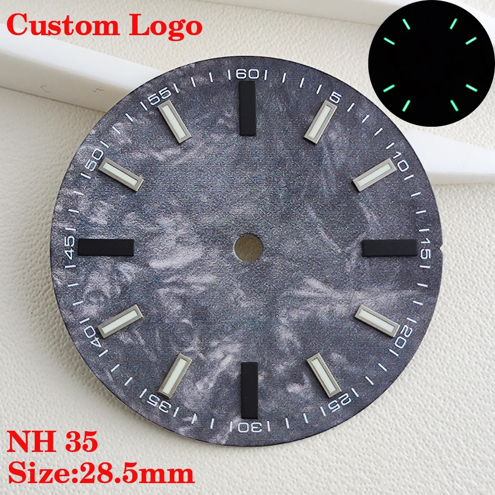 Black Carbon Fiber Dial, 28.5mm, Custom Logo, Suitable for NH35 NH36 Movement, Some Modules, Bright Green Dial