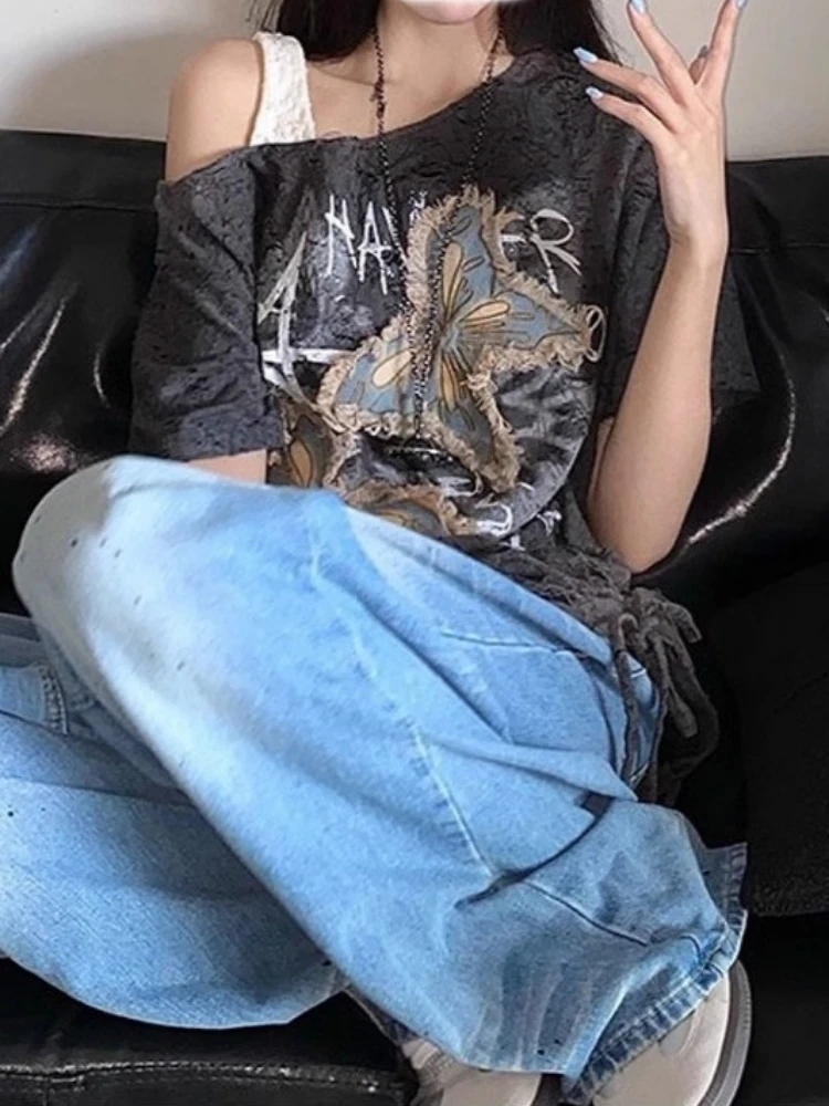 Y2K الجمالية فراشة شرابات تي شيرت المرأة الشارع الشهير الجرونج عادية تيز Harajuku المتضخم انحراف طوق قبالة الكتف القمم #6