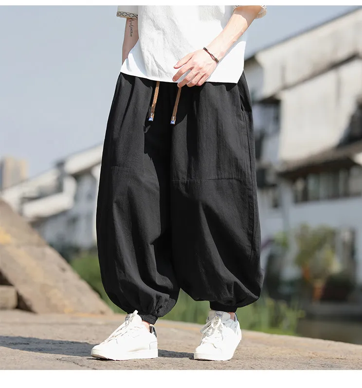 Modische Herrenhose im japanischen Stil, Haremshose, lockerer Schnitt, 100 % Baumwolle, Herrenhose für Frühling und Sommer, einfarbige Hose – Detail 10