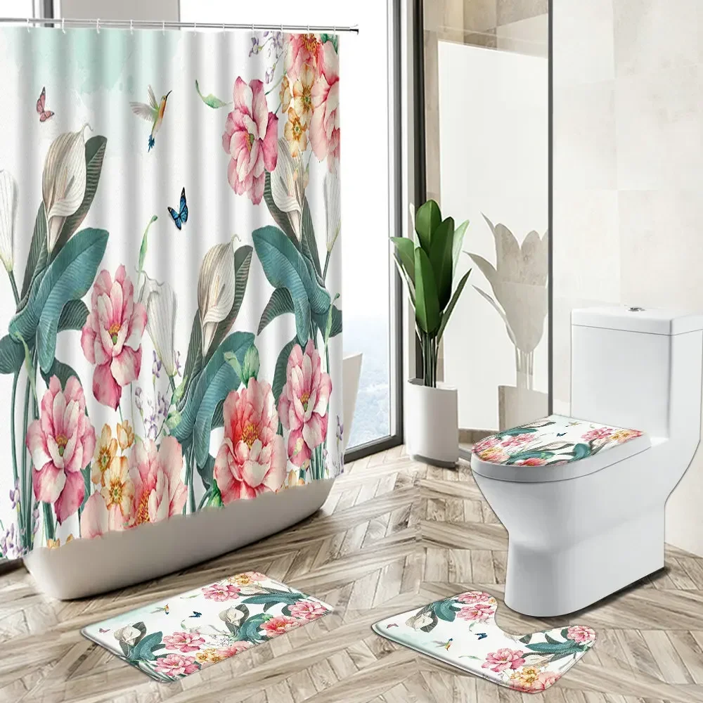 Flower Blooming Scenery Shower Curtain Butterfly Floral Green Plant Watercolor Art Non-Slip Rug Toilet Cover Bathroom Deco Set