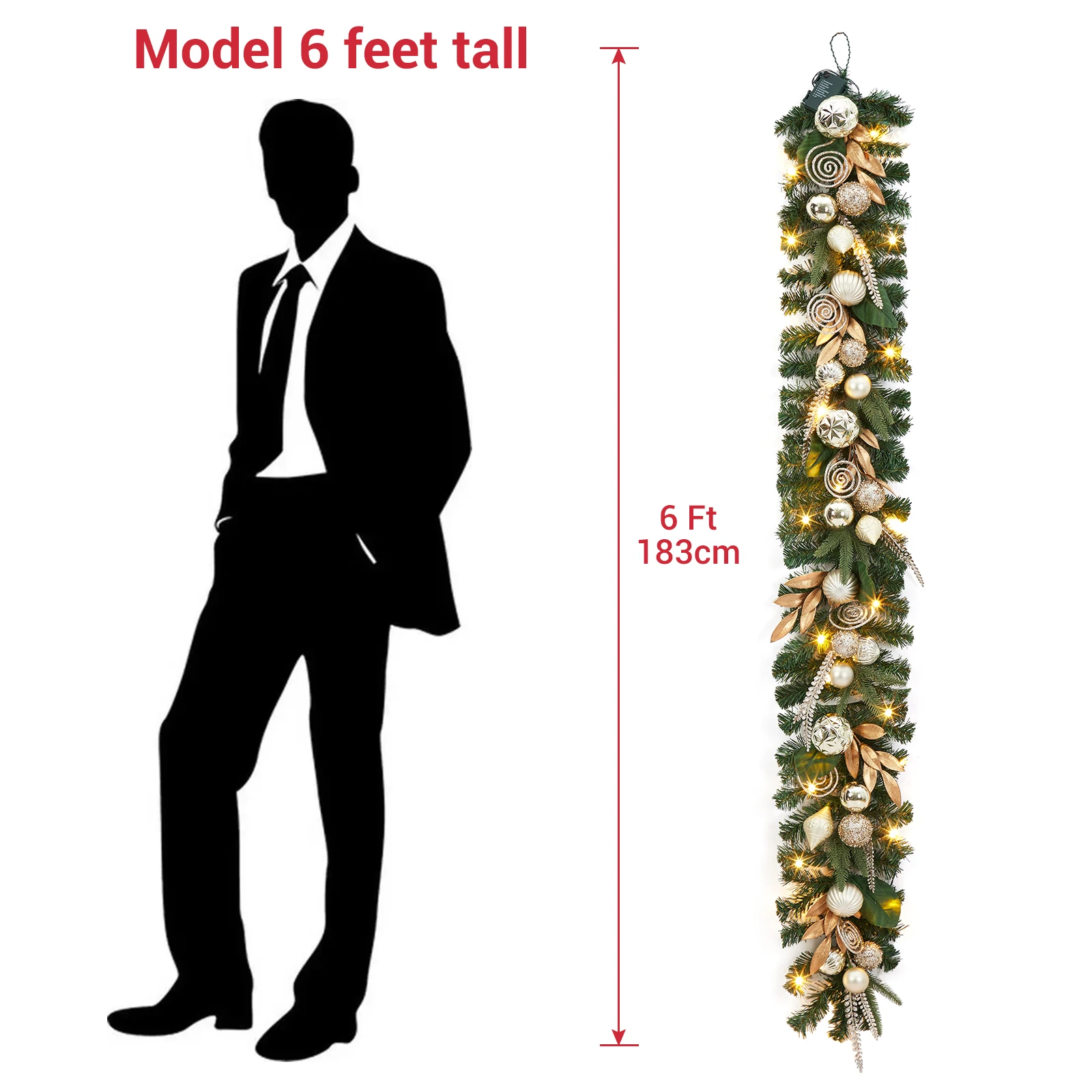 Pre-Lit Christmas Garland 6FT – 20 Warm White LED Lights – Artificial Pine with Gold Leaves & Ball Ornaments – Battery Powered, Waterproof – Indoor Outdoor Holiday Decoration for Mantle, Fireplace, Door, Stairs – Christmas Decor - view 4