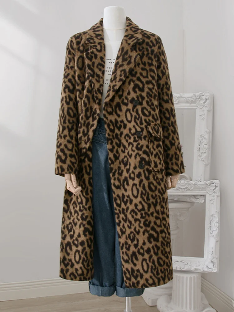 LANMREM Leopard Print Medium Length Woolen Coat For Women Winter Warm Wear Niche Design Loose Clothing Streetwear 32A391