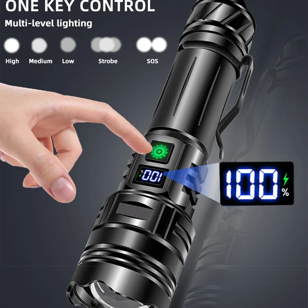 500W High Power LED Flashlight Type-C USB Rechargeable Zoom Tactical Torch Strong Light Lamp Outdoor Ultra Powerful Flash Light