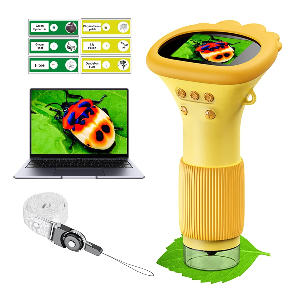 Un microscope numérique de poche portable avec une grossissement de 1000x, doté d'un écran haute résolution intégré de 2 pouces et d'un design portable USB, adapté aux étudiants pour l'inspection et l'observation scientifique.