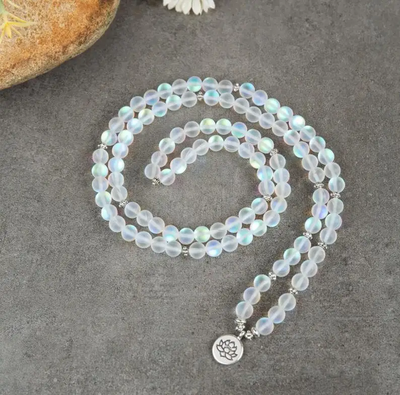 

108 Mala Beads Aqua Aura Quart Healing Necklace Bracelet-Crystal Quartz Mala Prayer Bead Necklace-Meditation Spiritual Chakra