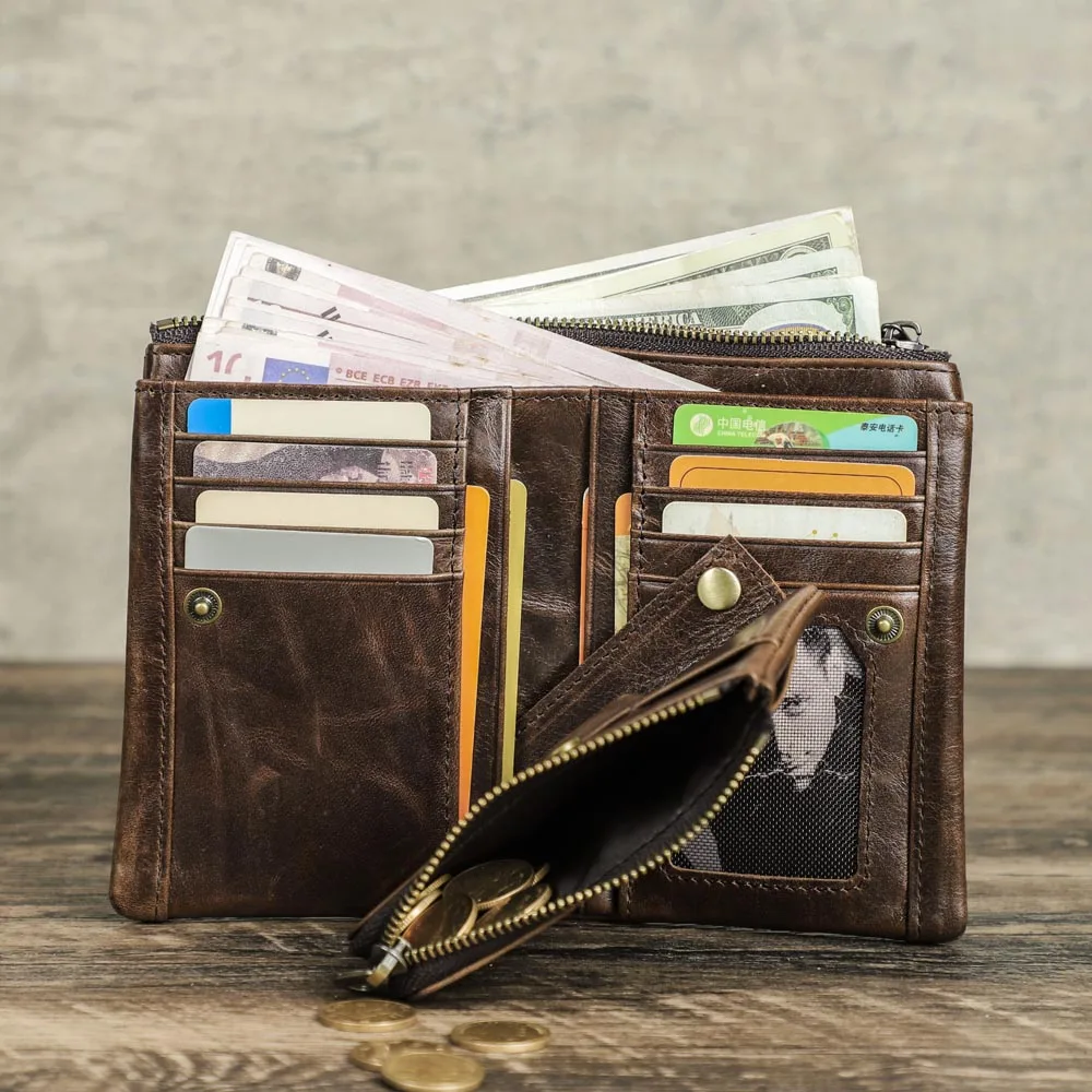 Новый многослойный кожаный двойной кошелек, мужской RFID-держатель для карт с защитой от потери Airtag, дизайн, кошелек, съемная молния, мужской клатч, кошелек для монет