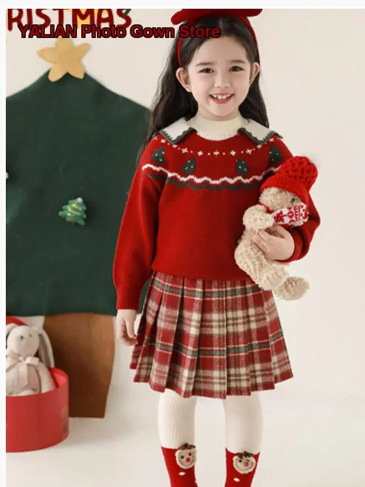 Youyou Girls Christmas Tree Design Lapel Autumn Winter Ribbed Tightened Thickened Warm Loose Casual Trendy Top