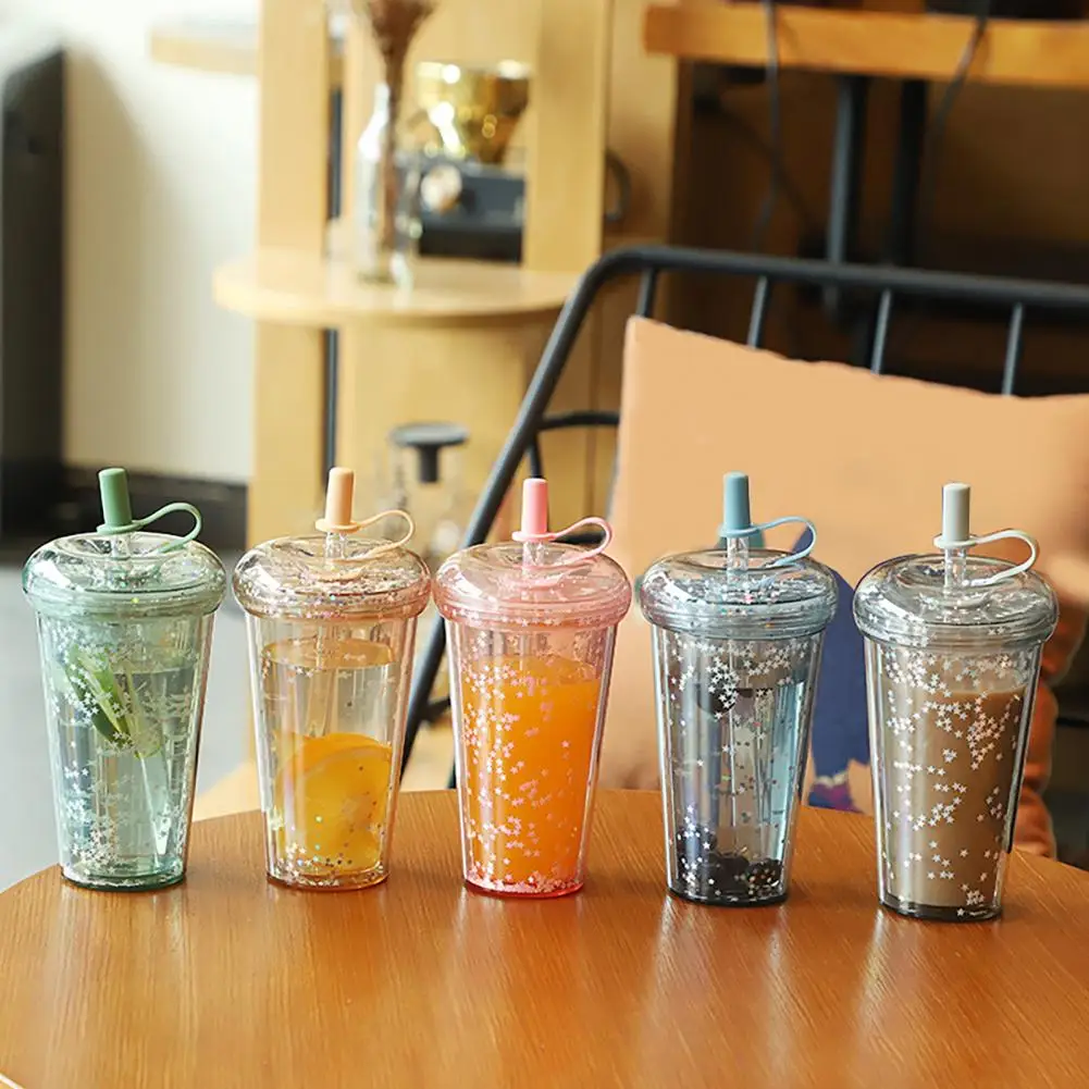 Portable Summer Drink Container Leak Proof Travel Water Bottle Transparent Straw Cup with Sequins Decor Leak-proof for Students
