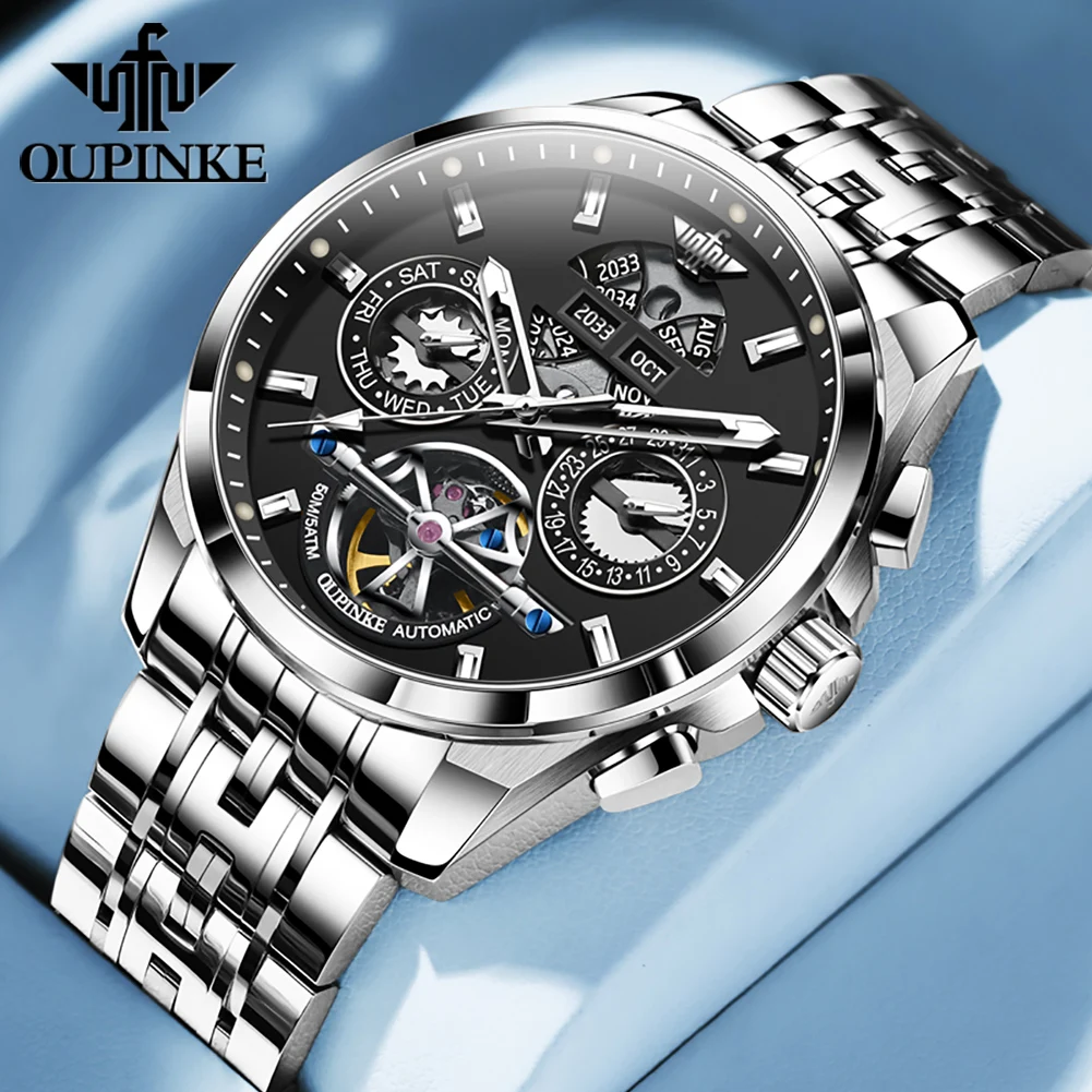 

OUPINKE Fully Automatic Watch Men Skeleton Flywheel Classic Dual Calendar 5bar Waterproof Stainless Steel Mechanical Wristwatch