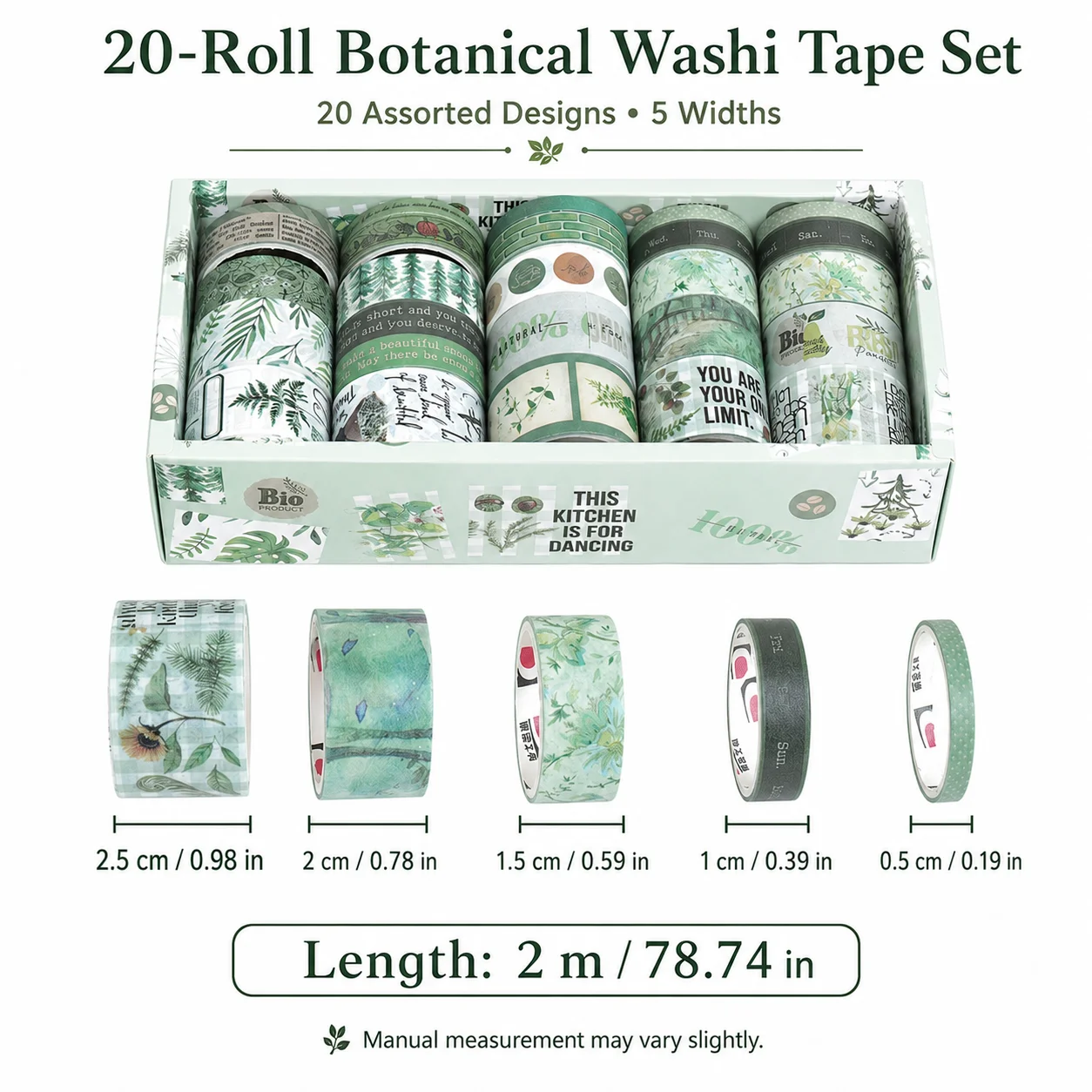 20Pcs Botanical Plant Washi Tape Set 5 Widths Decorative Paper Tape for Journal Scrapbook Planner Card Making DIY Craft Supplies