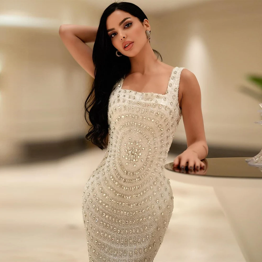 2025 Luxury Heavy Work Evening Dresses Saudi Jersey Sheath/Column Ceremony Dress Ivory Square Neck Rhinestone Beading Prom Gown