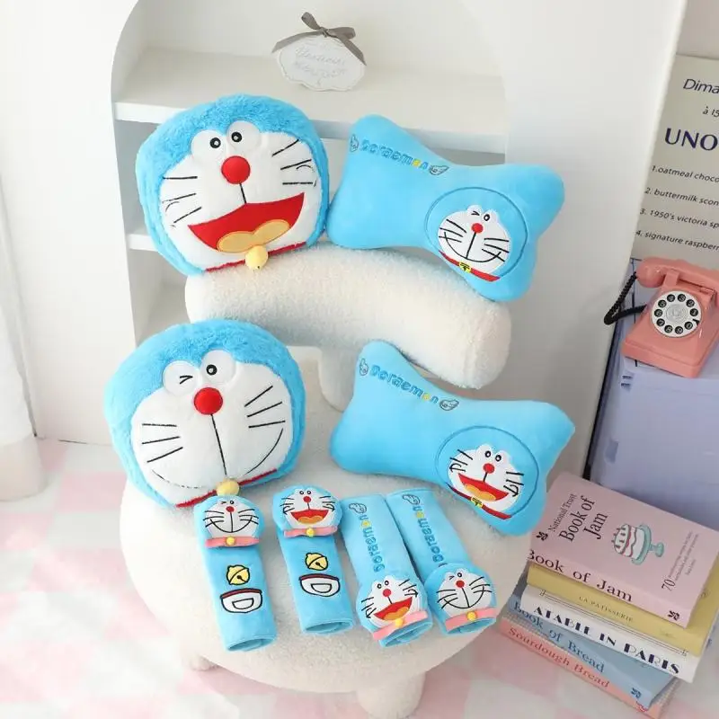 Doraemon Cartoon Car Accessories Plush Pillow Cartoon Cute Girl Doraemon Car Seat Belt Soft Plush Set Car Accessories Gifts