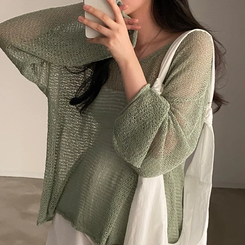 Knitted Sunscreen Smock Korean Summer French Fashion Elegant Retro Loose Long-sleeved Hollow Thin Section of The Top Women New