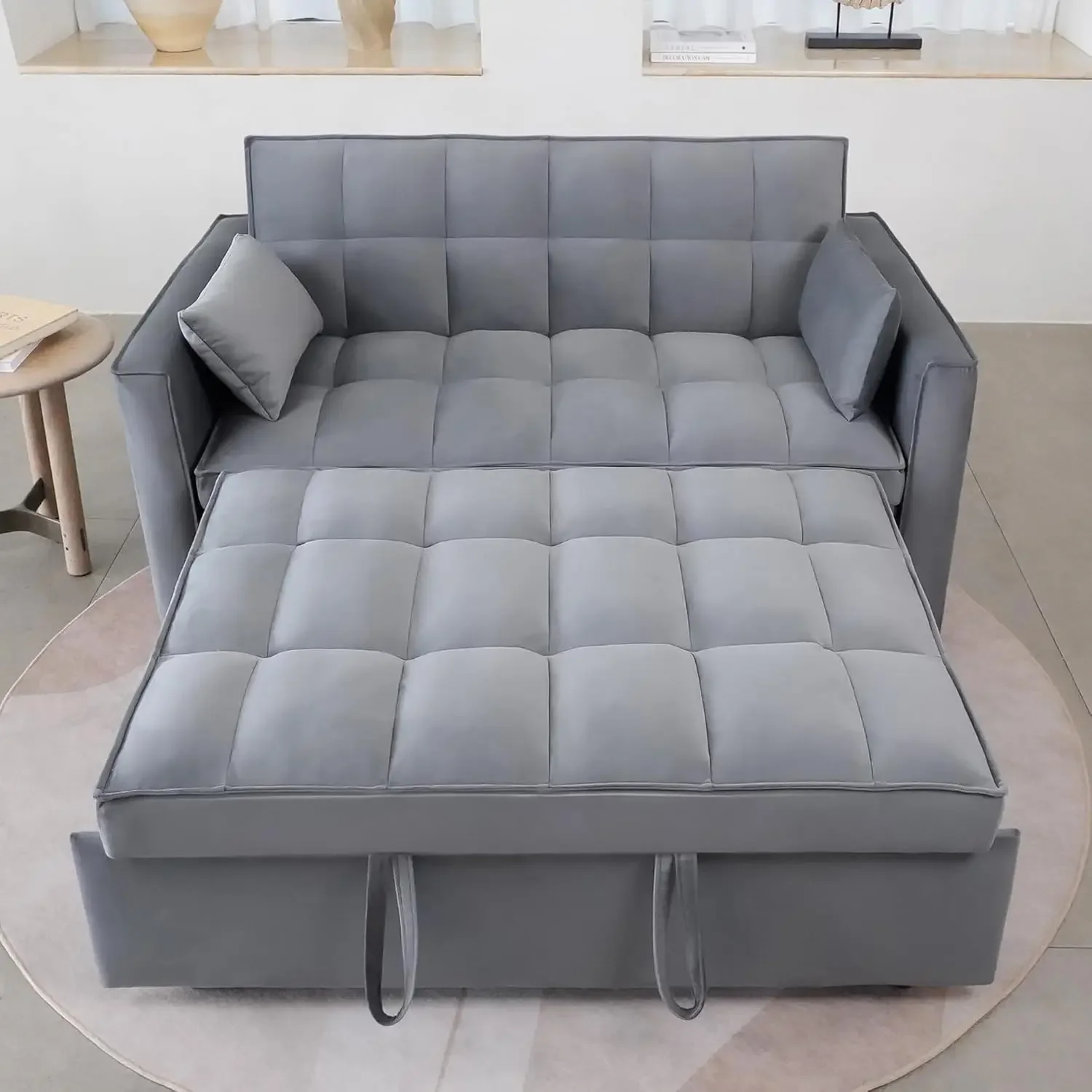 Pull Out Couch, 55.3'' Convertible Futon Sofa Bed, Velvet Sleeper Loveseat with Pillows, Pockets, Small Sofa for Liv