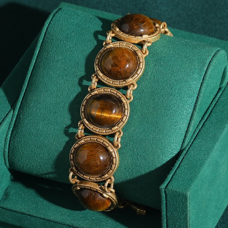 

Vintage Tiger Eye Stone Round Hand Strand Charm Bracelets Gold Color Antique Jewelry for Women Love Hand Boho New Arrival 2024