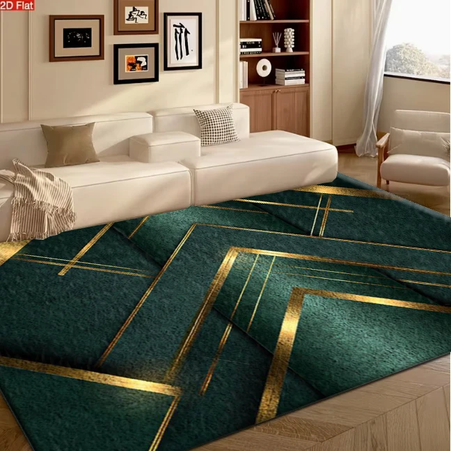 Dark Green Gold Chevron Geometric Luxury Area Rug Art Deco carpet flooring for Living Room Office Home Decor