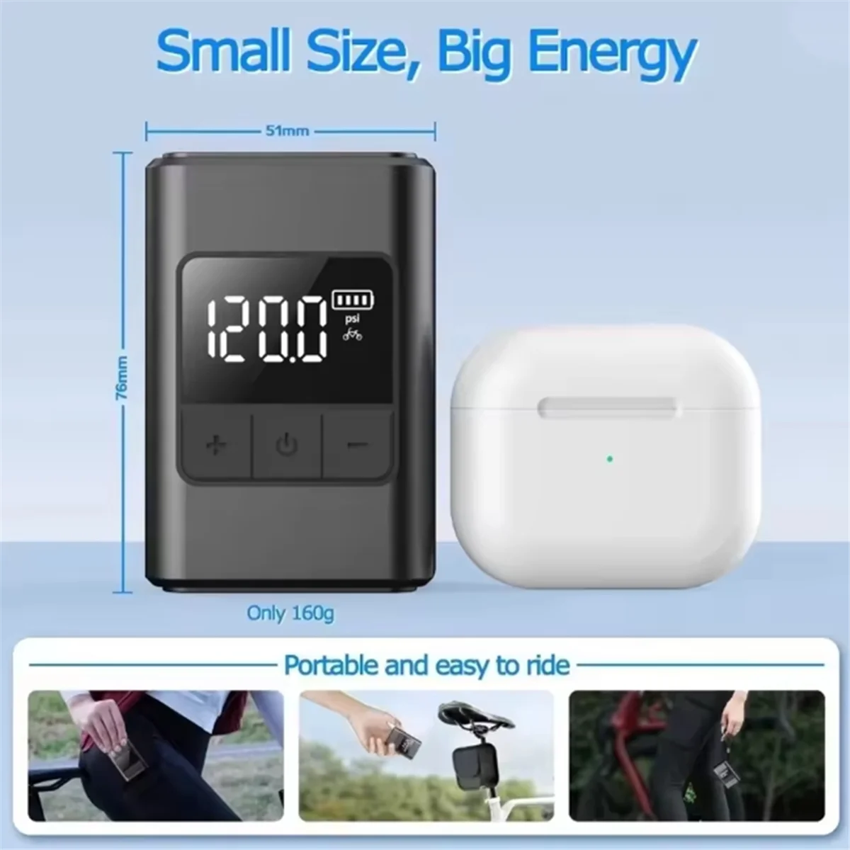 AA25 Portable Mini Electric Bike Pump 120PSI 1300mAh Electric Bicycle Air Pump USB-C Rechargeable High Pressure Inflator