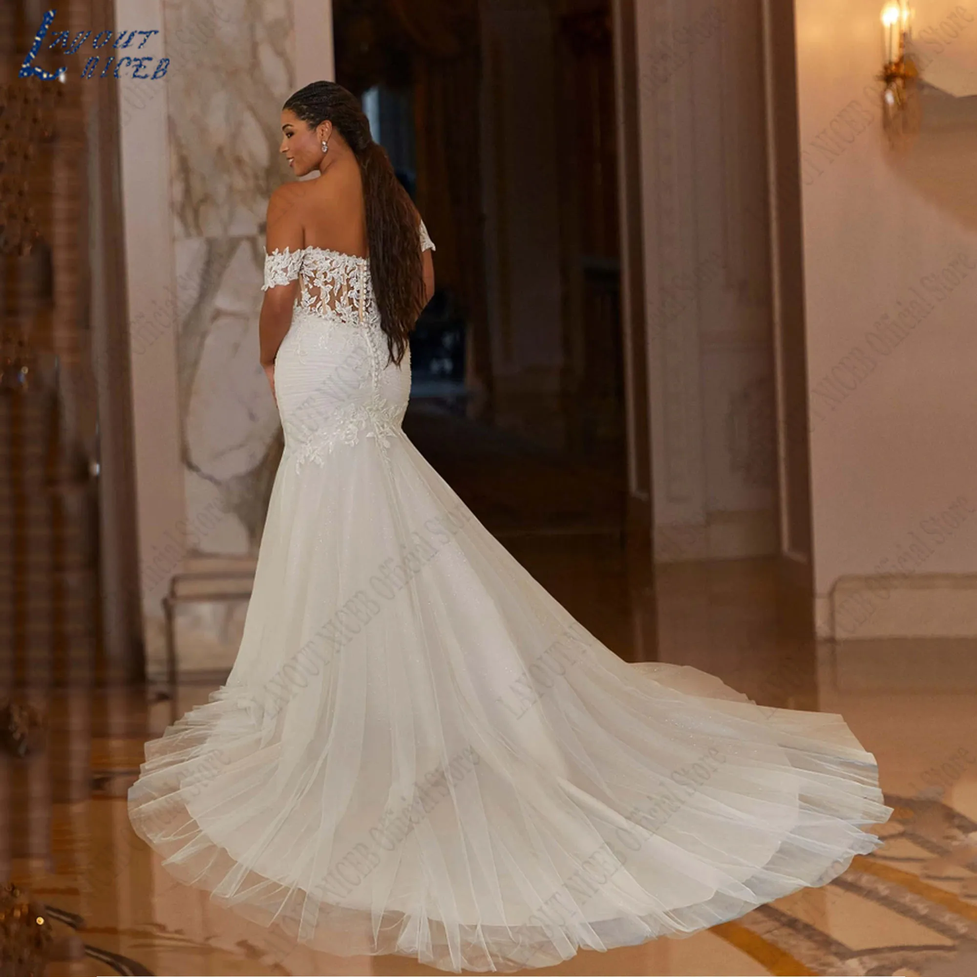 LAY-OUT NICEB Oversize Sweetheart Trouwjurken Zeemeermin Off Schouder Tule Bruid Toga Backless Applicaties Vestido De Casamento