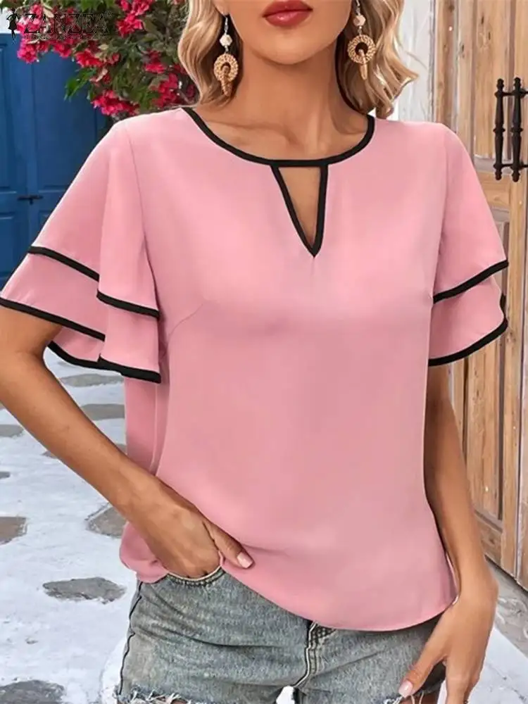 ZANZEA Women Ruffled Short Sleeve Blouse 2024 Summer Round Neck Shirts Elegant Hollow Out Tops Casual Loose Colorblock Tunics