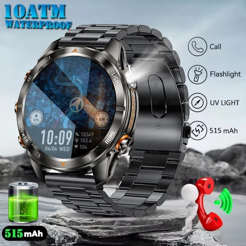 Reloj inteligente militar para hombre, resistente al agua hasta 10ATM, pantalla AMOLED de 1,46 "", linterna LED, batería de 515mAh, ritmo cardíaco, deporte, llamada BT, reloj inteligente