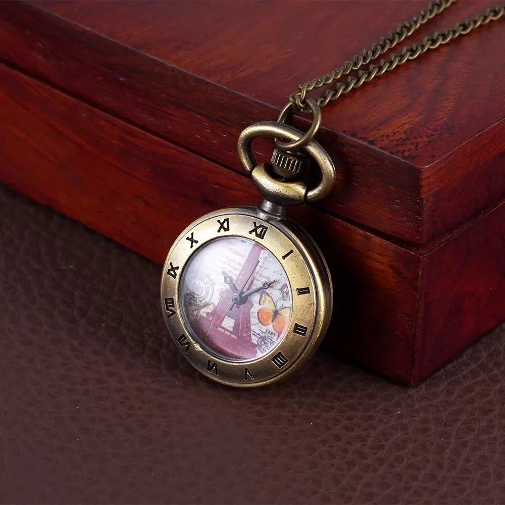 Small pocket Watch Bronze single case quartz Roman scale tower and butterfly pattern pocket watch