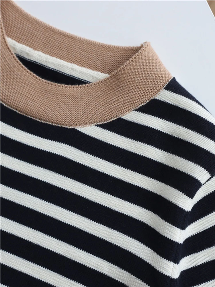 2024 New Summer Autumn Brand Quality Breathable Knit T Shirt 100% Cotton Clothes Striped Patchwork Tops C-003