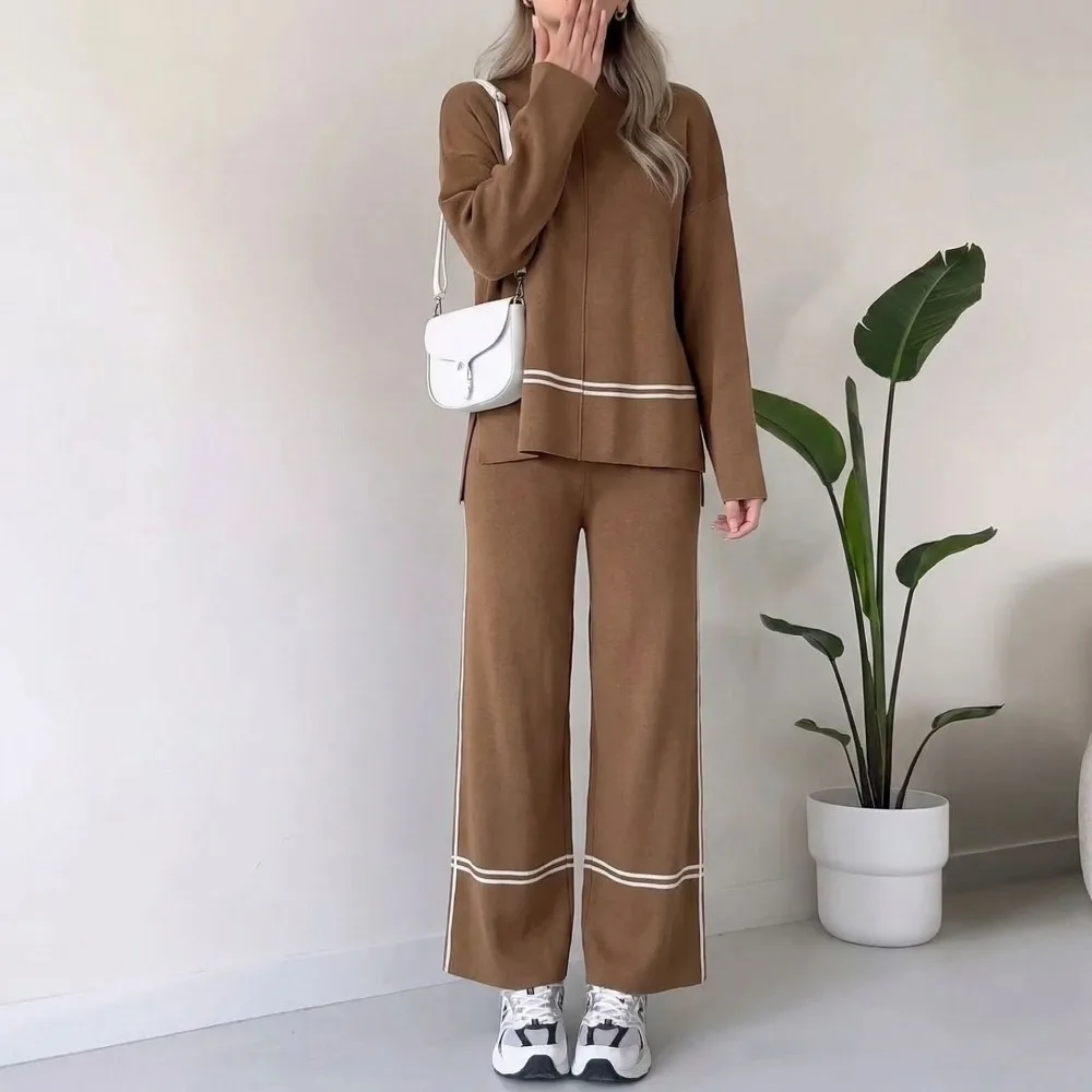 

Women Sweater Wide Leg Pants 2 Piece Knitted Set Minimalist Contrast Striped High Neck Knit Loose Casual Outfit for Streetwear