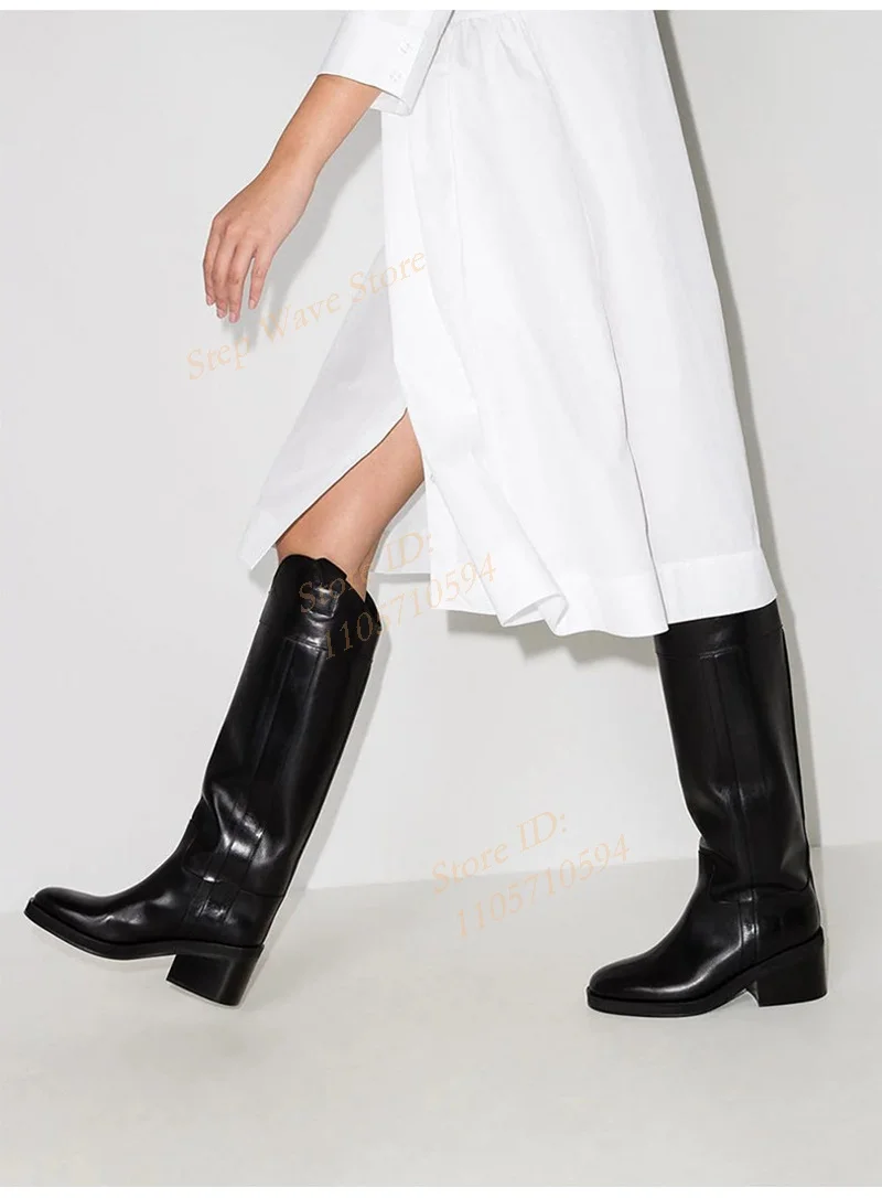 Brown Cow Leather Knee High Boots Chunky Heel Slip On Retro Western Knight Boots Thick Bottom New Arrivals 2026 Winter Autumn