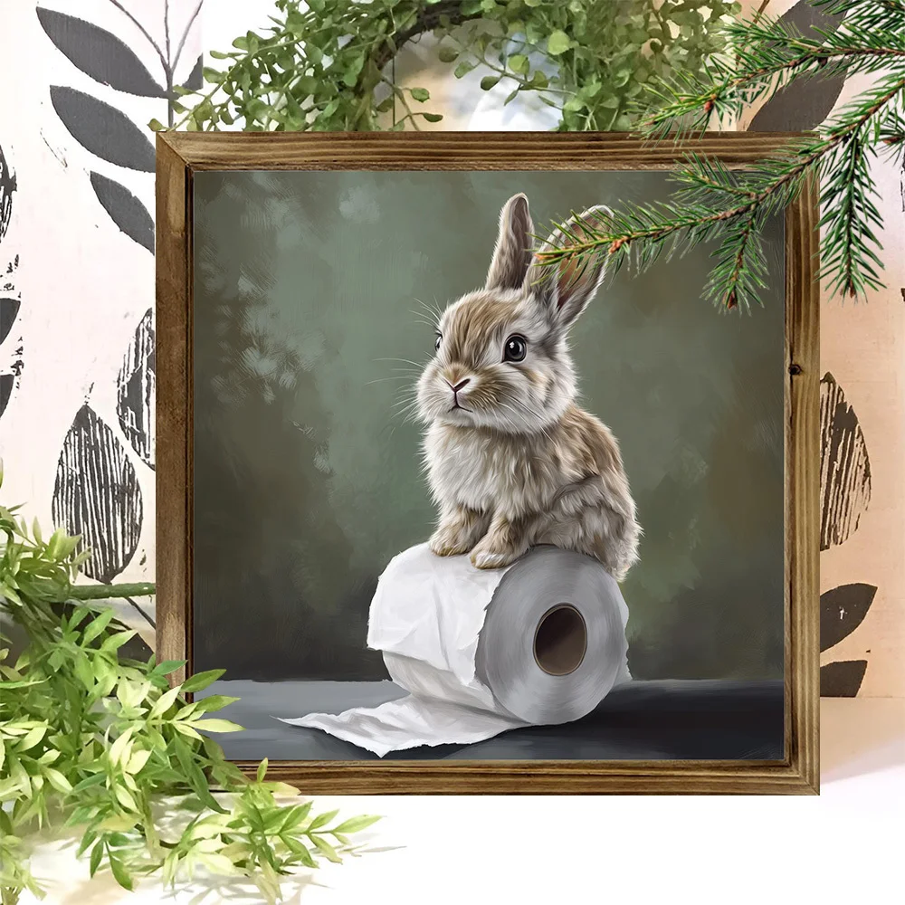 1 country-style wooden rabbit toilet paper roll art logo, 8X8 inch cute rabbit wall decoration, suitable for bathrooms, cafes