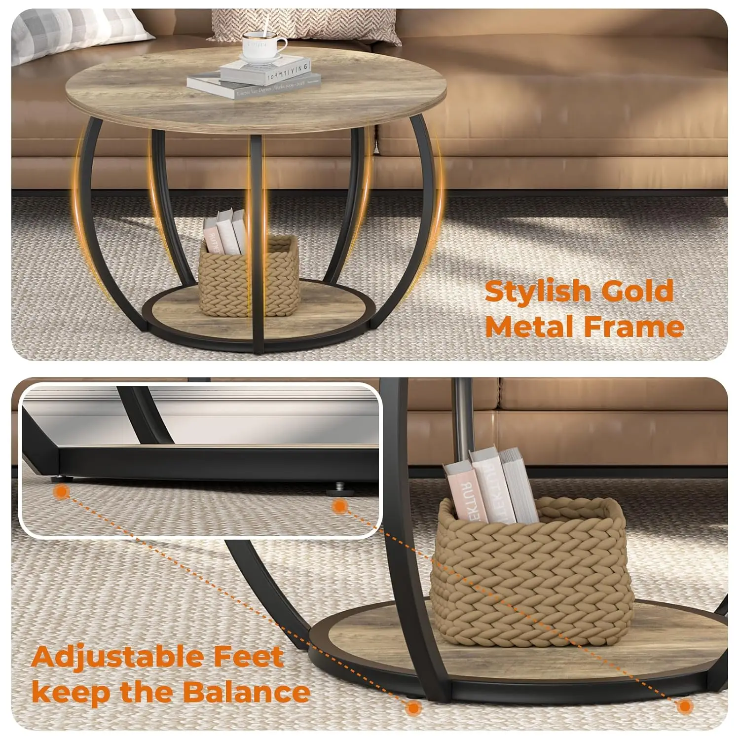 طاولة قهوة مستديرة مع مساحة تخزين مفتوحة من طبقتين، طاولات قهوة دائرية صغيرة مقاس 27.6 بوصة مع أقدام قابلة للتعديل، طاولة مركزية صغيرة حديثة #4