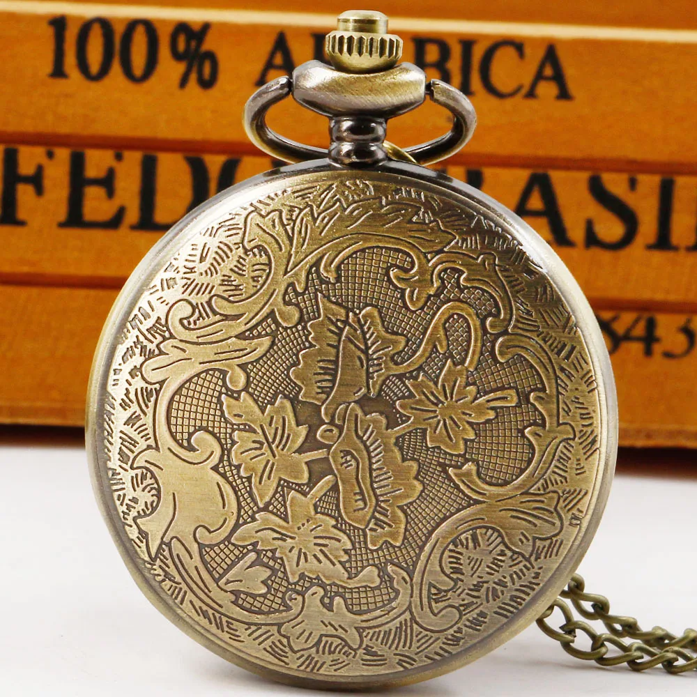 Bronze Retro Hollow Rose Flowers Design Quartz Antique Pocket Watch Necklace Watch Old Fashioned Pendant Clock