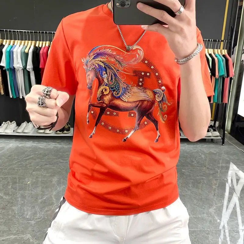 High-quality Silk Men's Short-sleeved T-shirt, The New Summer Hot Diamond Steed Men's Fashion  Graphic T Shirts