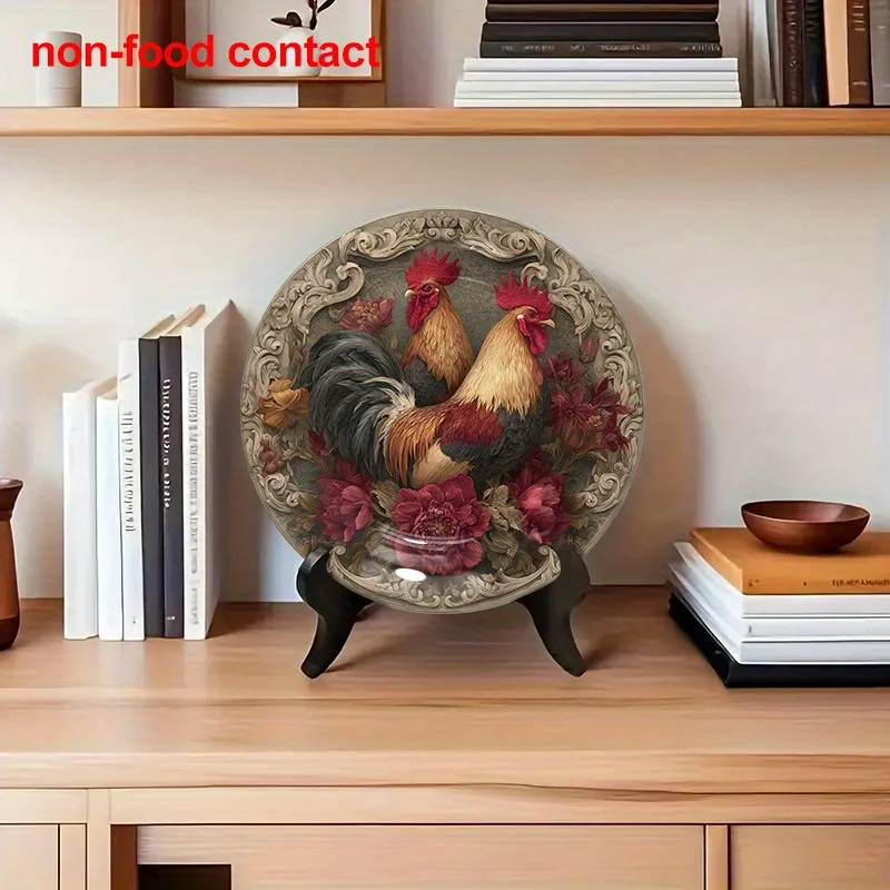 1pc Vintage Rooster & Peony Round Ceramic Wall Hanging Plate - 8.0inch Art Deco Style Decorative Tray for Necklaces, Rings,